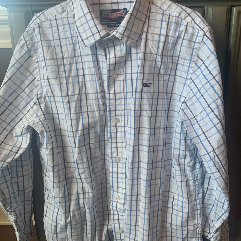Blue and navy plaid vv whale shirt button down